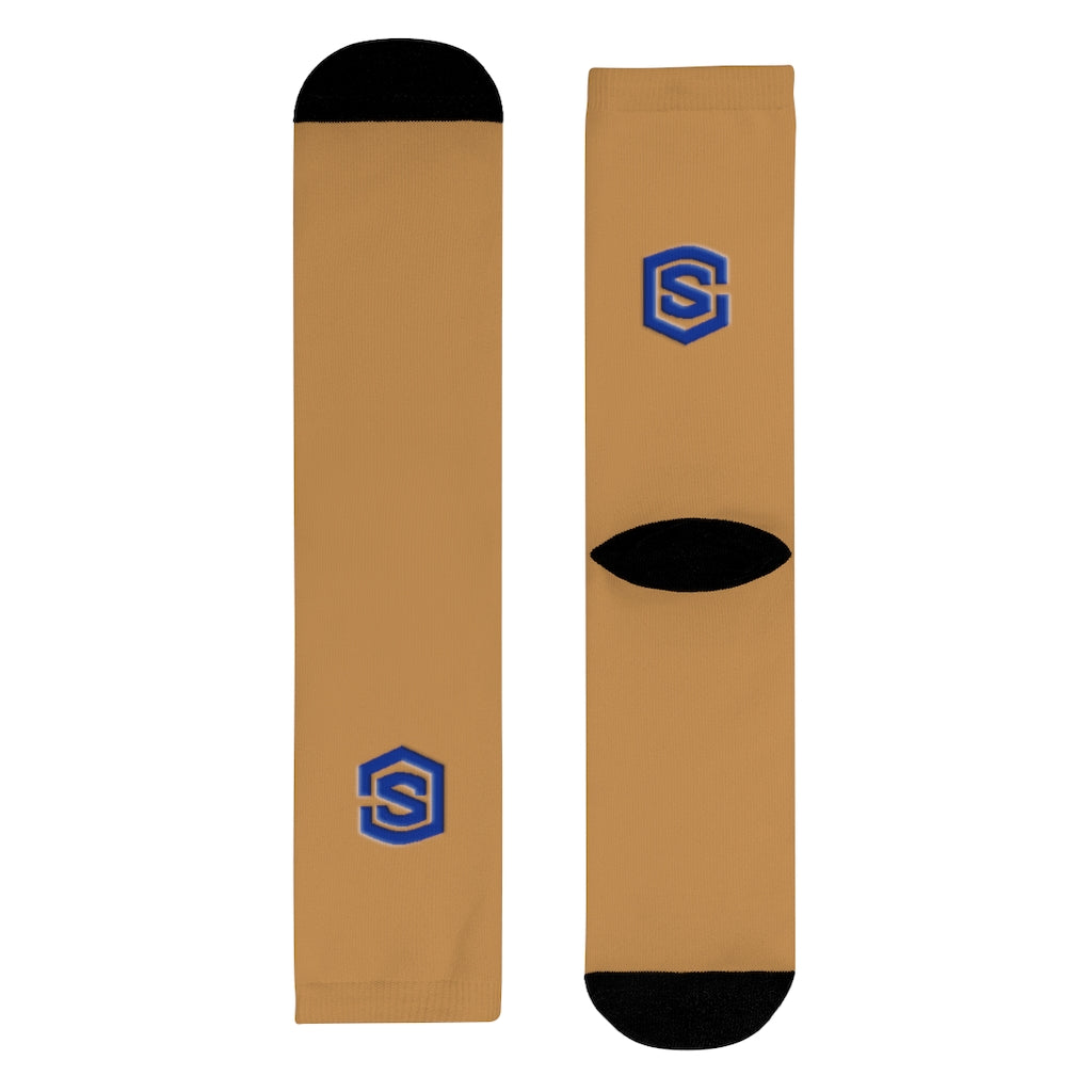 brown Sublimation Crew Socks (EU) Blue Logo