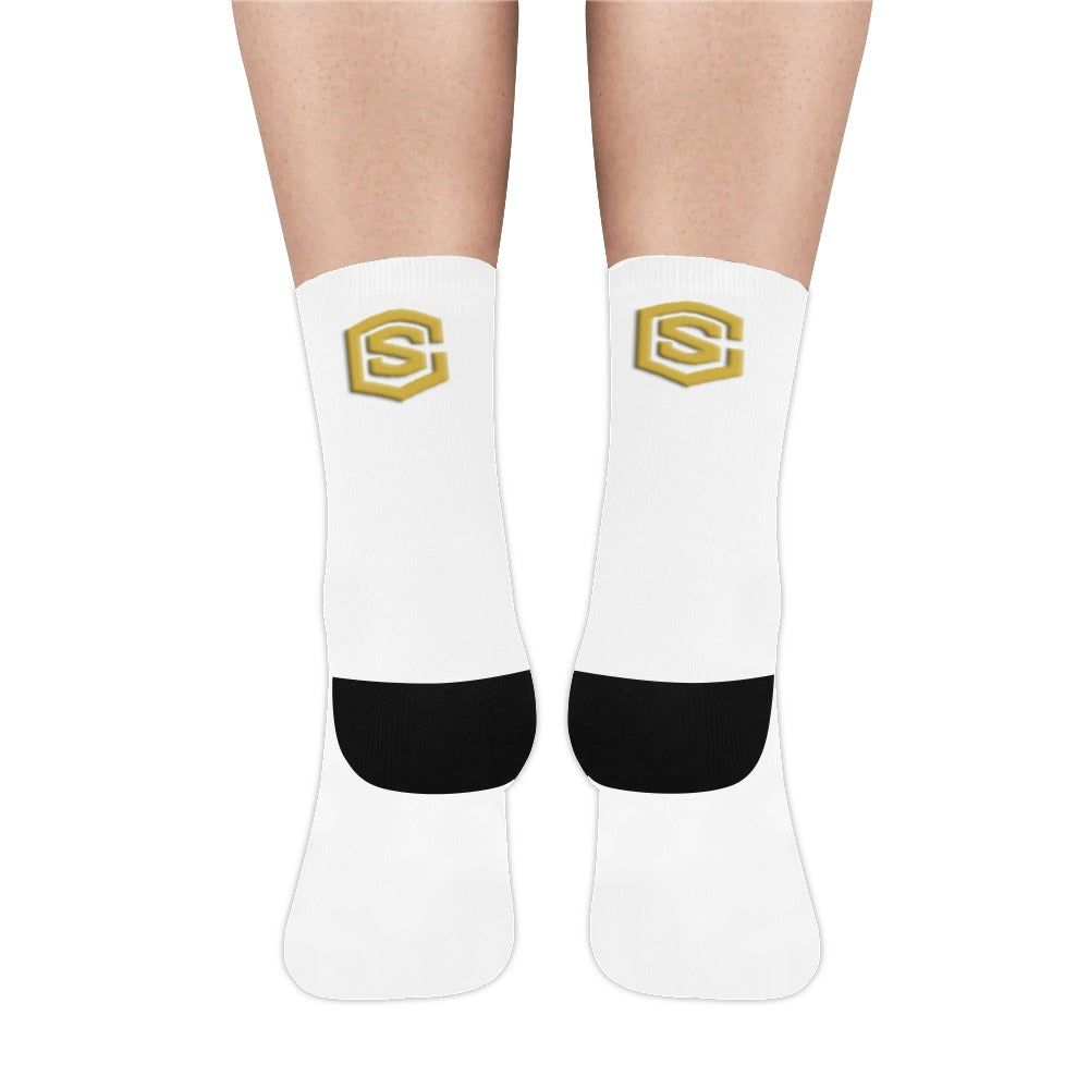 White Sublimated Crew Socks (Made In USA) with Gold Logo Sublimated Crew Socks (Made In USA)