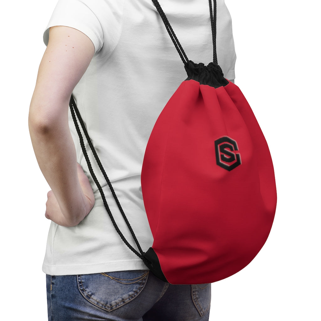 Red Drawstring Bag Black logo