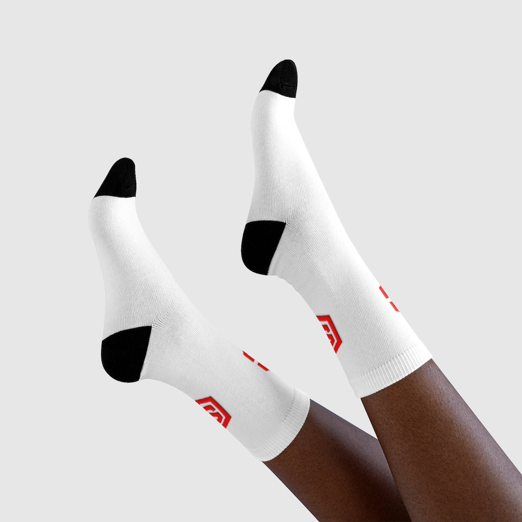 White Sublimation Crew Socks (EU) Red Logo