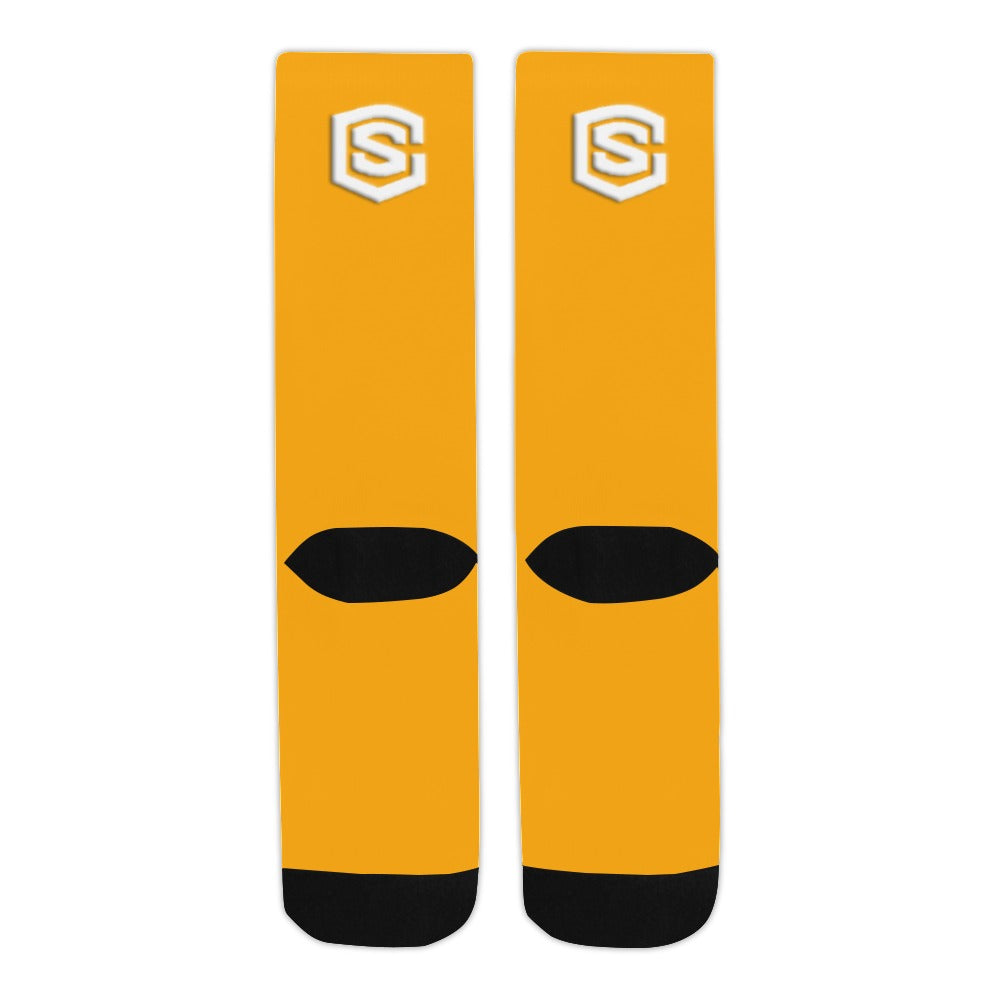 Orange Sublimated Crew Socks (Made In USA) with White Logo Sublimated Crew Socks (Made In USA)