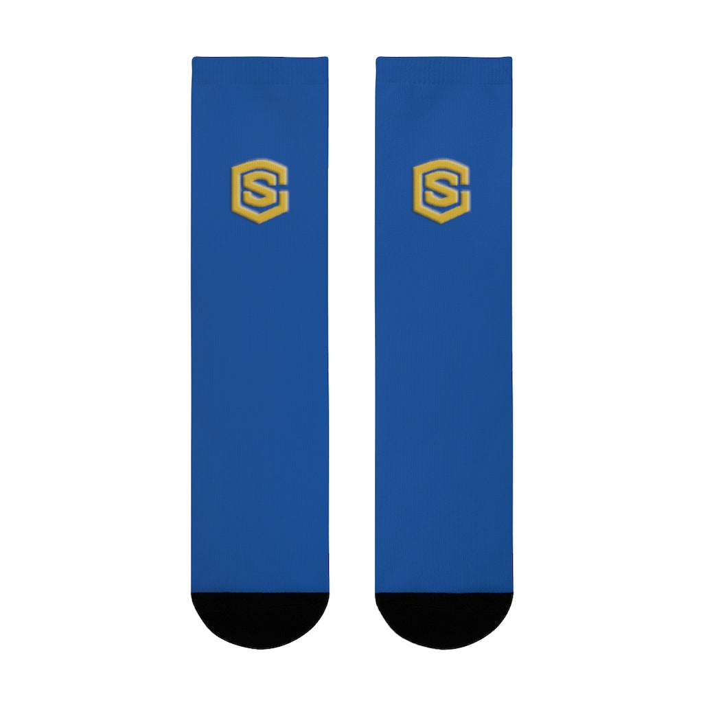 Blue Sublimation Crew Socks (EU) Gold Logo