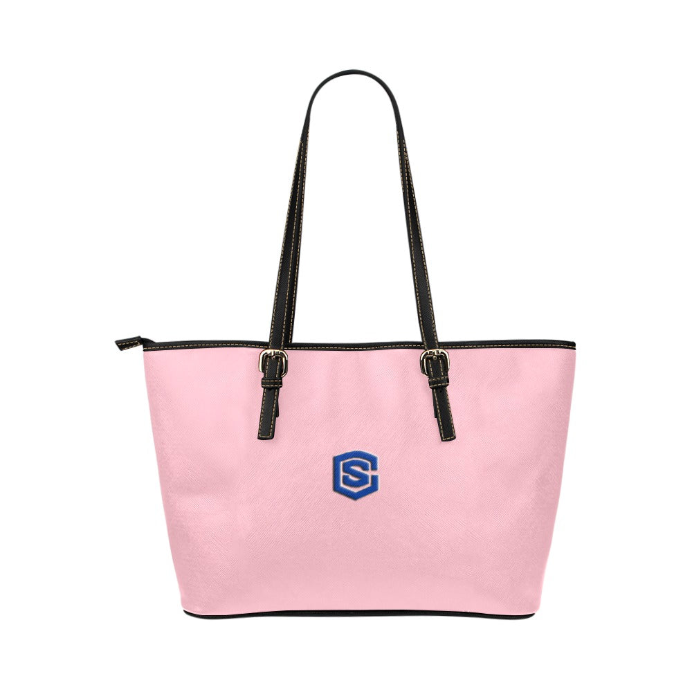 PINK Leather Tote Bag WITH BLUE LOGO Leather Tote Bag (Model 1651) (Big)