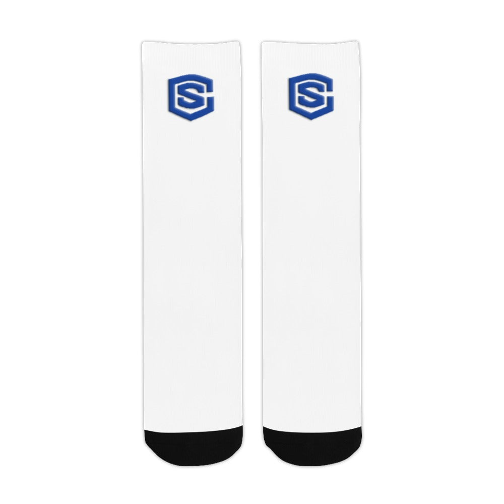 White Sublimated Crew Socks (Made In USA) with Blue Logo Sublimated Crew Socks (Made In USA)
