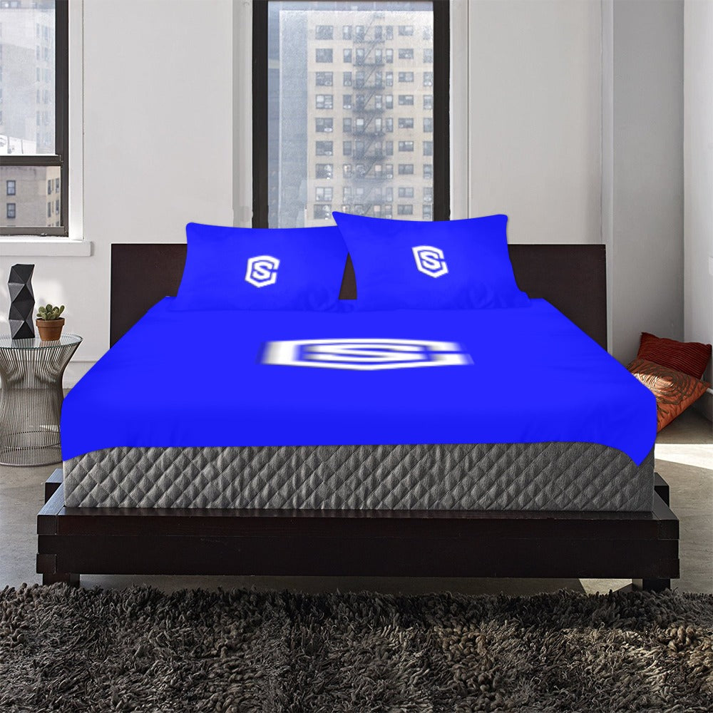Blue 3-Piece Bedding Set (1 Duvet Cover 86"x70"; 2 Pillowcases 20"x30")(One Side) wtih White Logo 3-Piece Bedding Set (1 Duvet Cover 86"x70"; 2 Pillowcases 20"x30")(One Side)