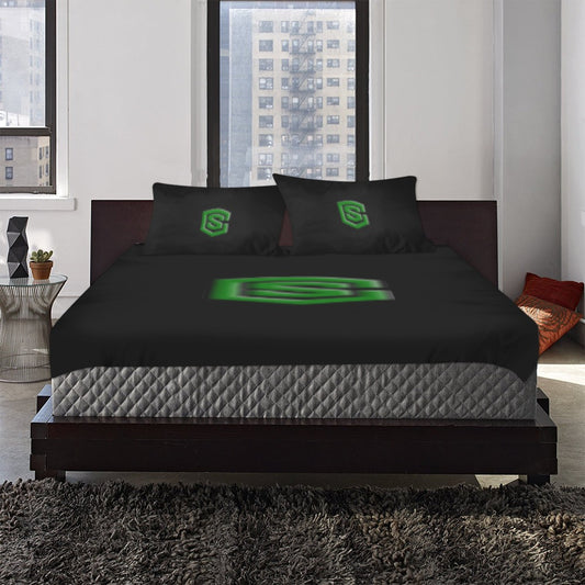Black 3-Piece Bedding Set (1 Duvet Cover 86"x70"; 2 Pillowcases 20"x30")(One Side) wtih Green Logo 3-Piece Bedding Set (1 Duvet Cover 86"x70"; 2 Pillowcases 20"x30")(One Side)