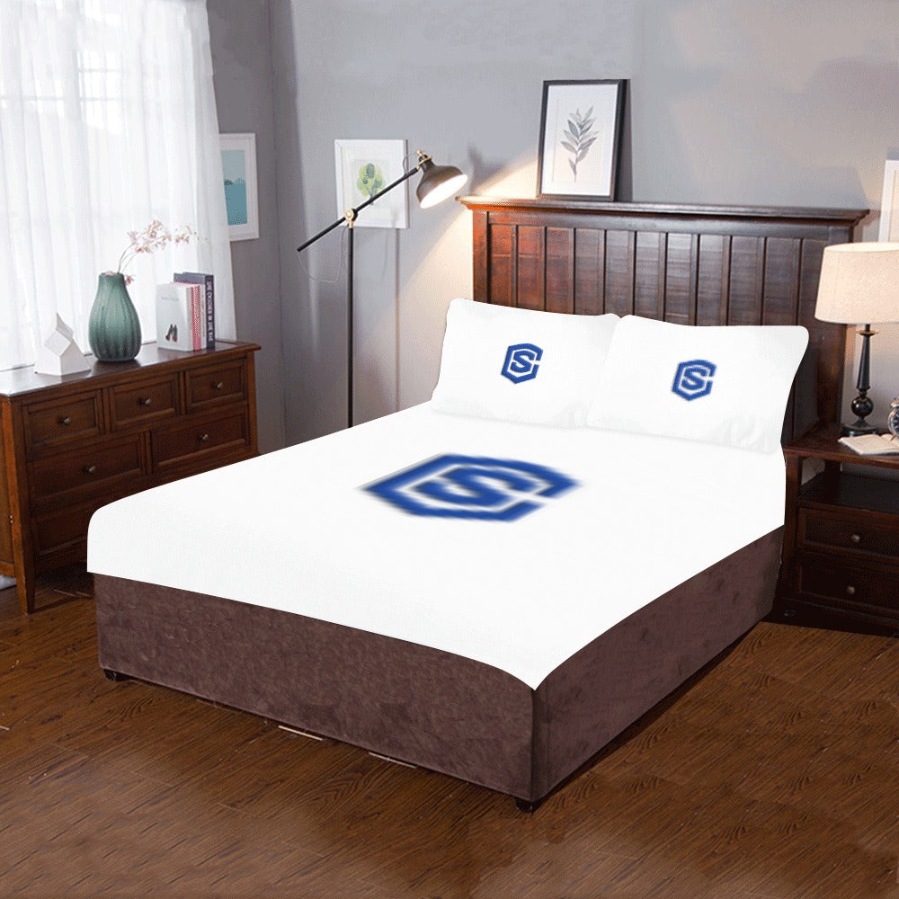 White  3-Piece Bedding Set (1 Duvet Cover 86"x70"; 2 Pillowcases 20"x30")(One Side) wtih Blue Logo 3-Piece Bedding Set (1 Duvet Cover 86"x70"; 2 Pillowcases 20"x30")(One Side)