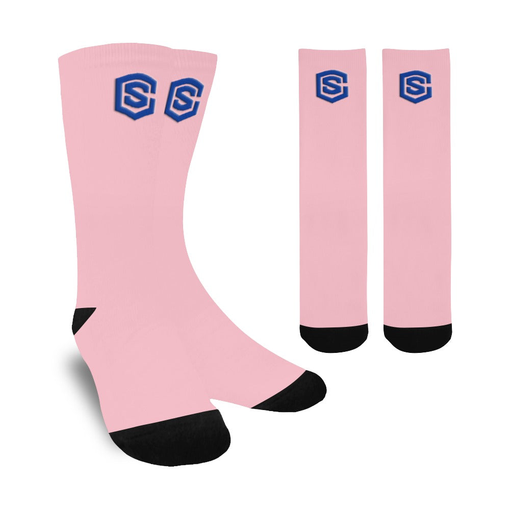 Pink Sublimated Crew Socks (Made In USA) with Blue Logo Sublimated Crew Socks (Made In USA)