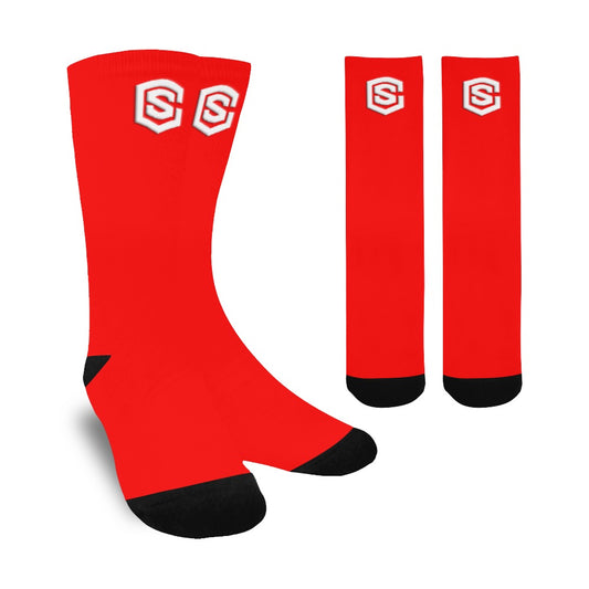 Red Sublimated Crew Socks (Made In USA) with White Logo Sublimated Crew Socks (Made In USA)