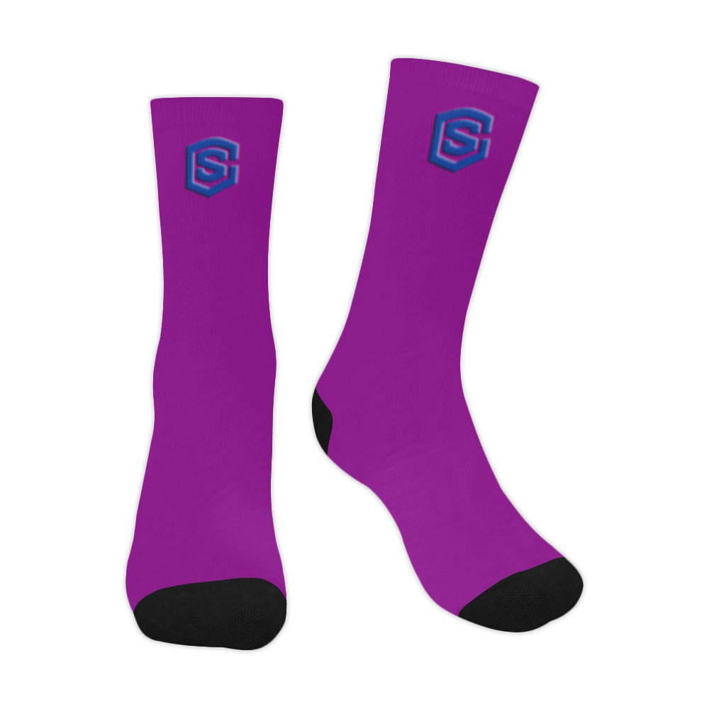 Purple Sublimated Crew Socks (Made In USA) with Blue Logo Sublimated Crew Socks (Made In USA)