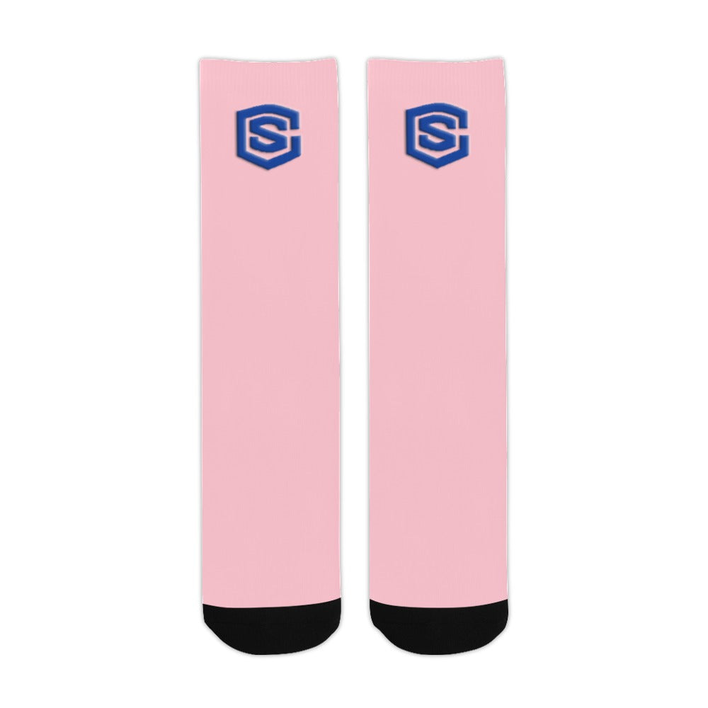 Pink Sublimated Crew Socks (Made In USA) with Blue Logo Sublimated Crew Socks (Made In USA)