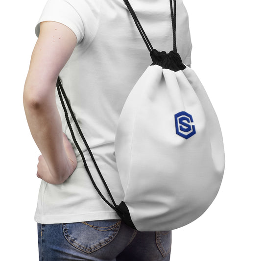 White Drawstring Bag Blue logo