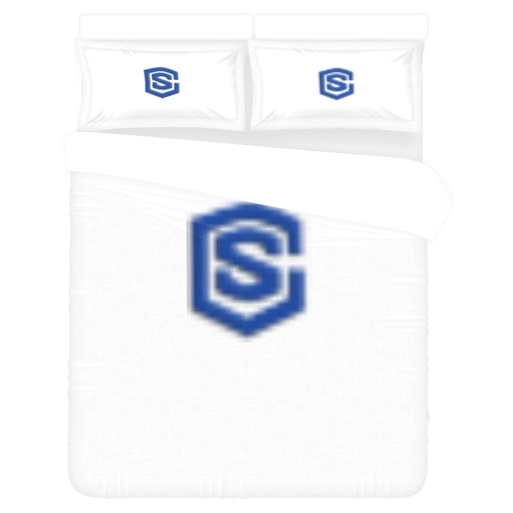 White  3-Piece Bedding Set (1 Duvet Cover 86"x70"; 2 Pillowcases 20"x30")(One Side) wtih Blue Logo 3-Piece Bedding Set (1 Duvet Cover 86"x70"; 2 Pillowcases 20"x30")(One Side)