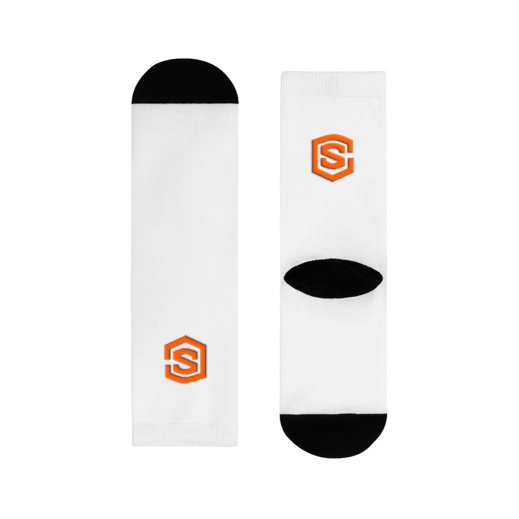 White Sublimation Crew Socks (EU) Orange Logo