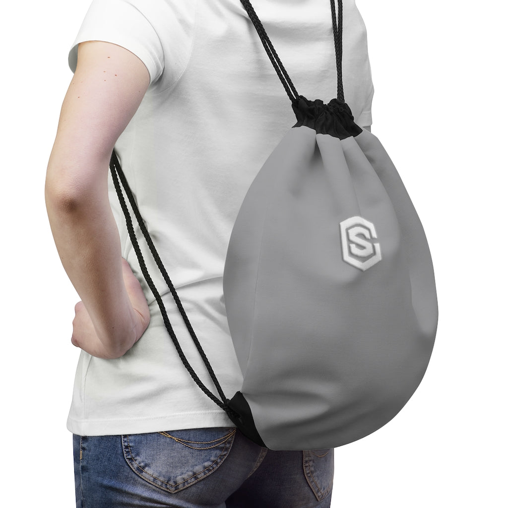 Grey Drawstring Bag White logo