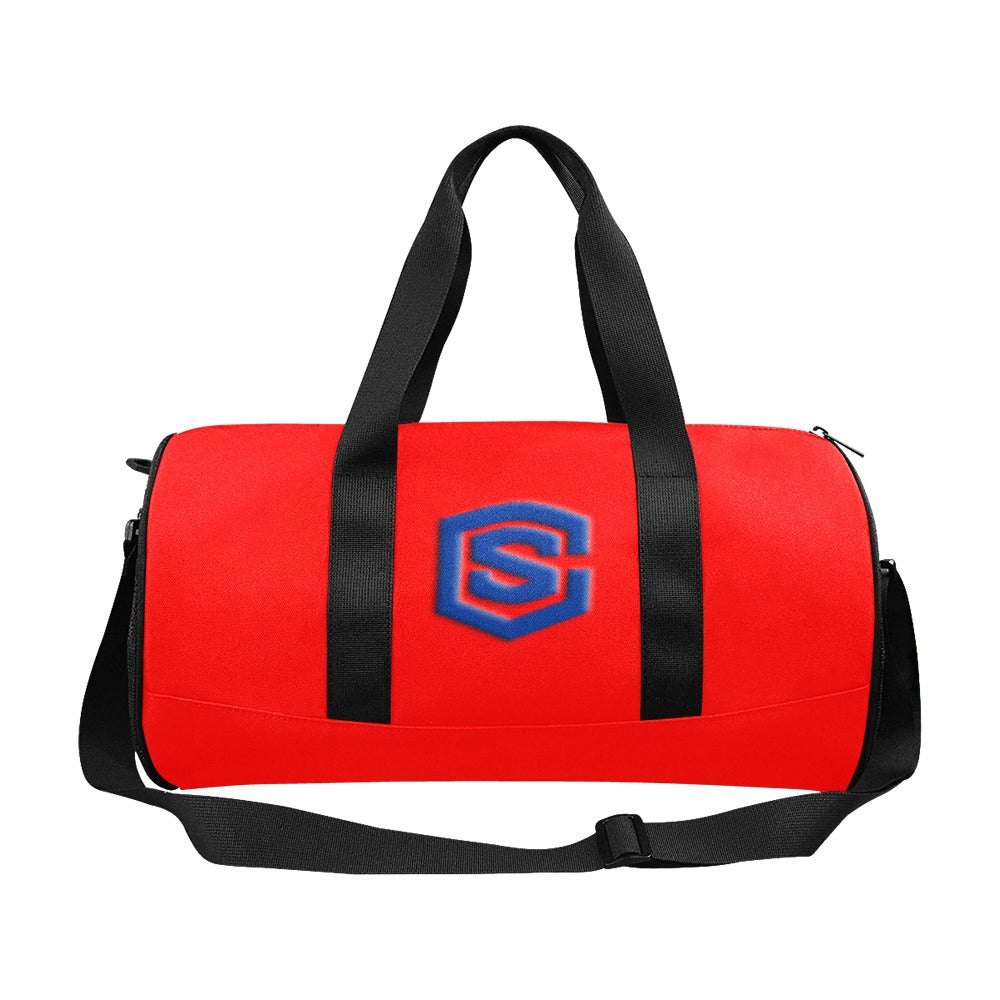 RED TRAVEL BAG WITH BLUE LOGO Travel Duffel Bags (Model 1679)