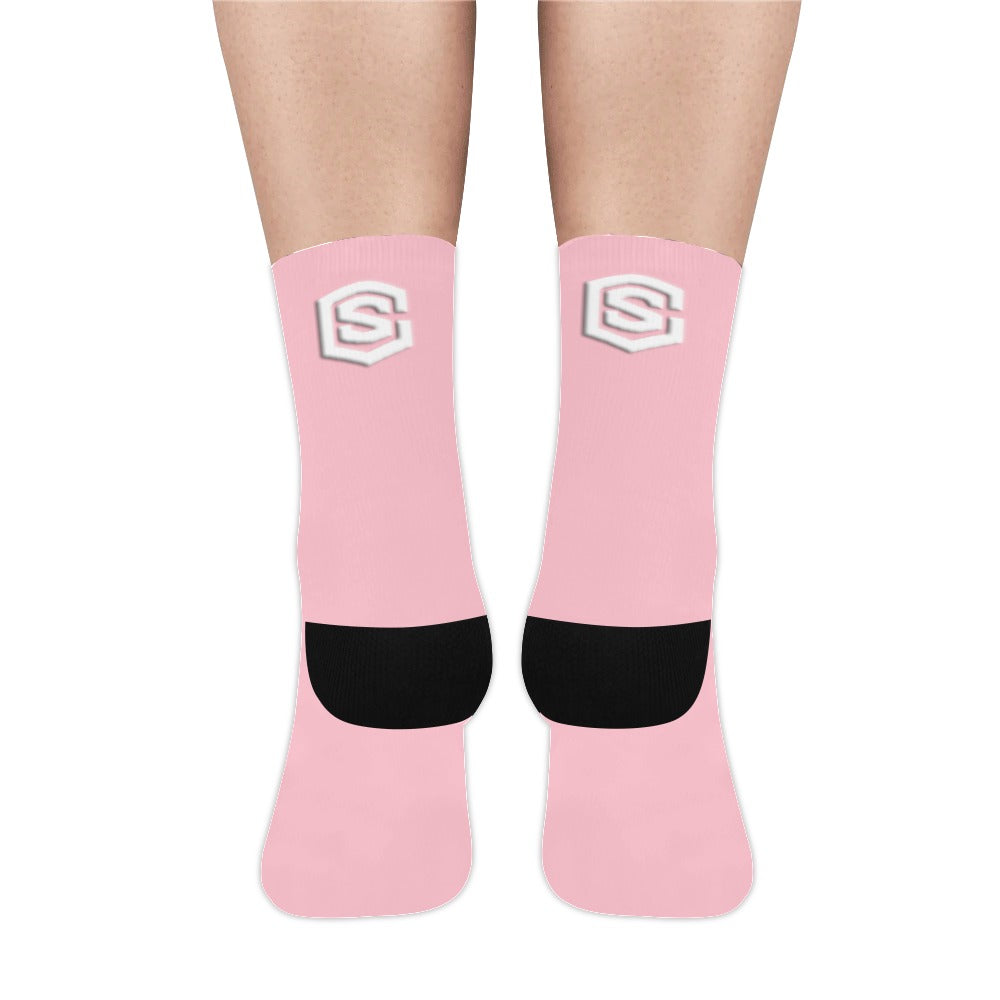 Pink Sublimated Crew Socks (Made In USA) with White Logo Sublimated Crew Socks (Made In USA)