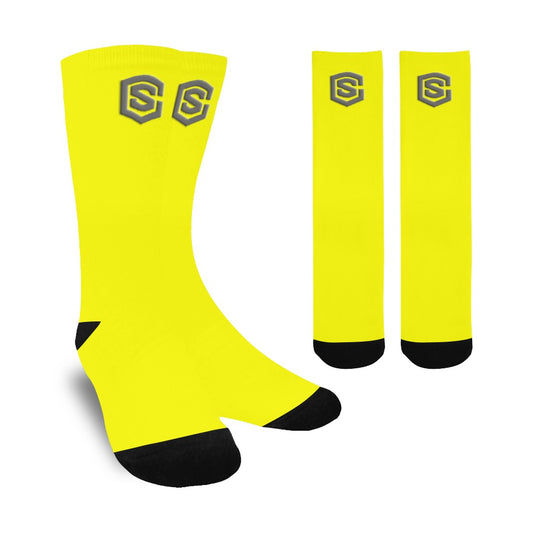 Yellow Sublimated Crew Socks (Made In USA) with Gray Logo Sublimated Crew Socks (Made In USA)