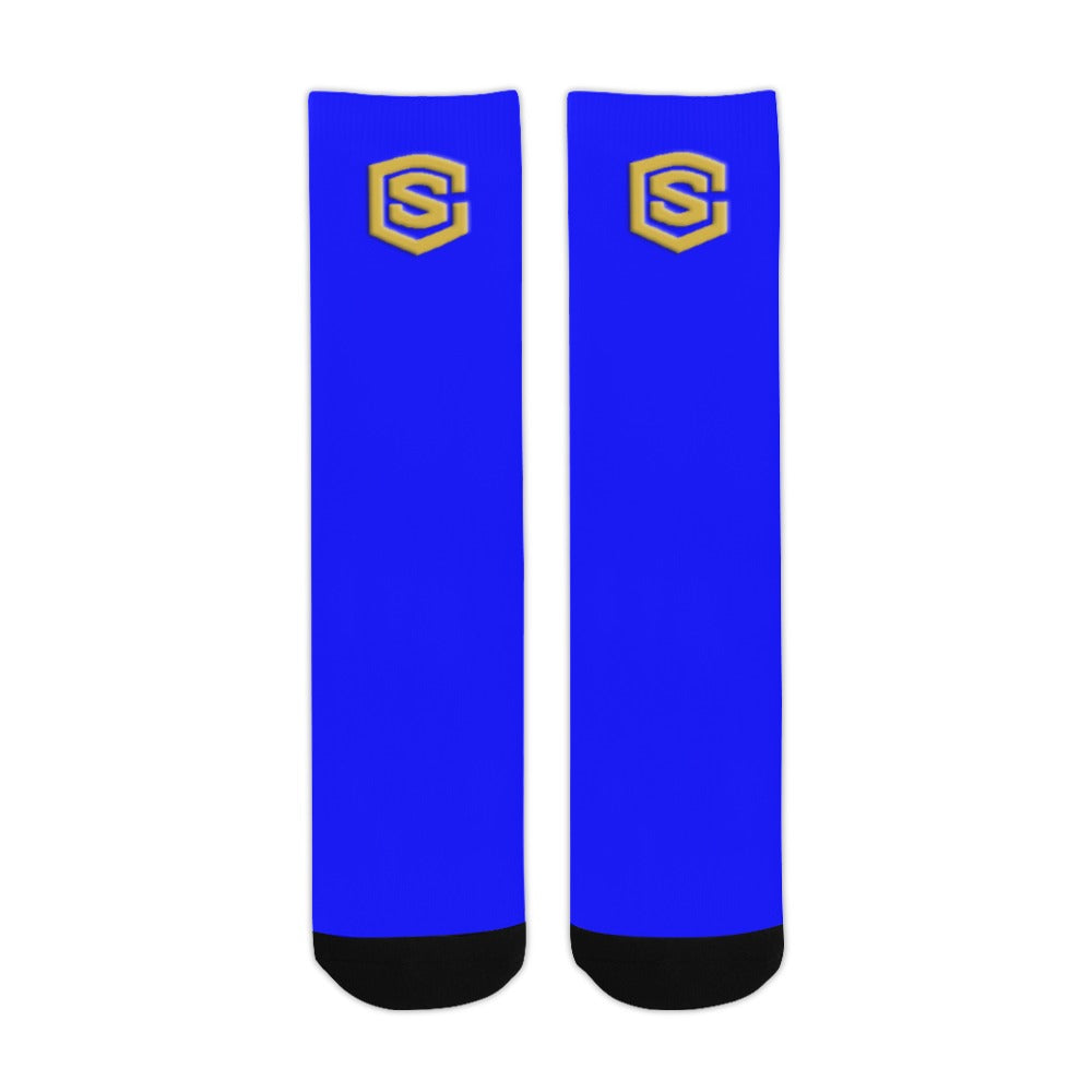 Blue Sublimated Crew Socks (Made In USA) with Gold Logo Sublimated Crew Socks (Made In USA)