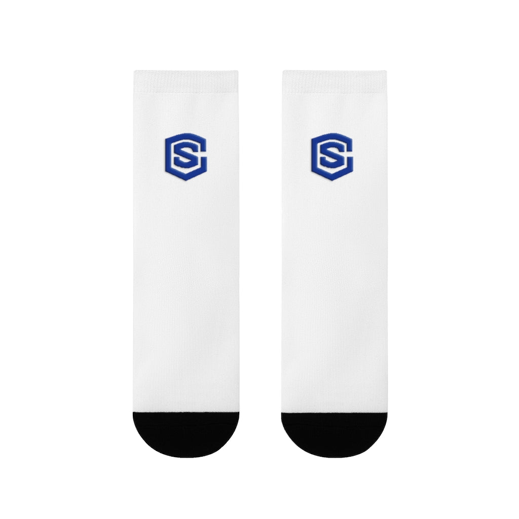 white Sublimation Crew Socks (EU) Blue Logo