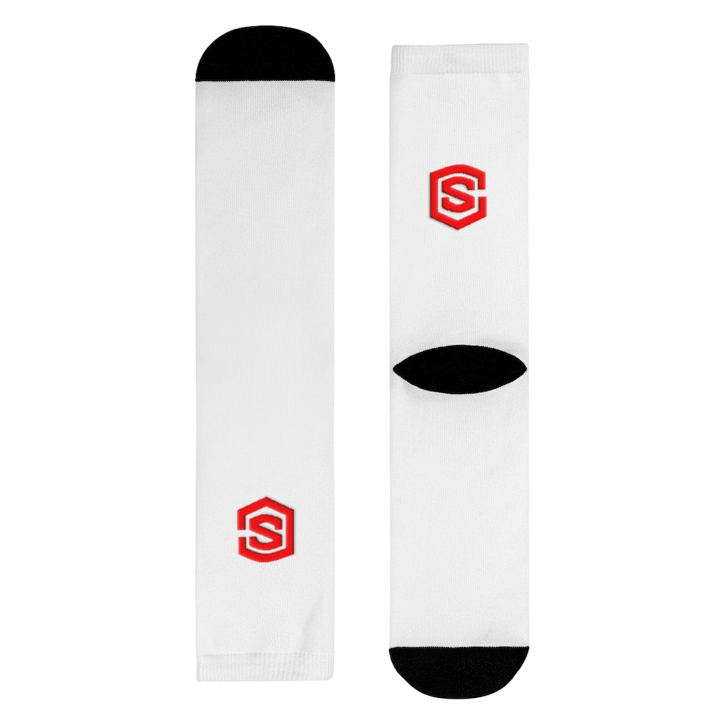 White Sublimation Crew Socks (EU) Red Logo