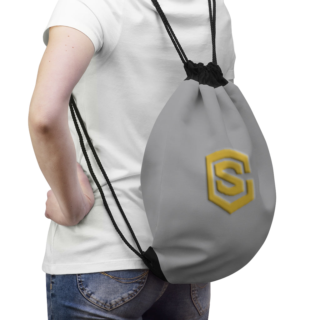 Grey Drawstring Bag Gold logo
