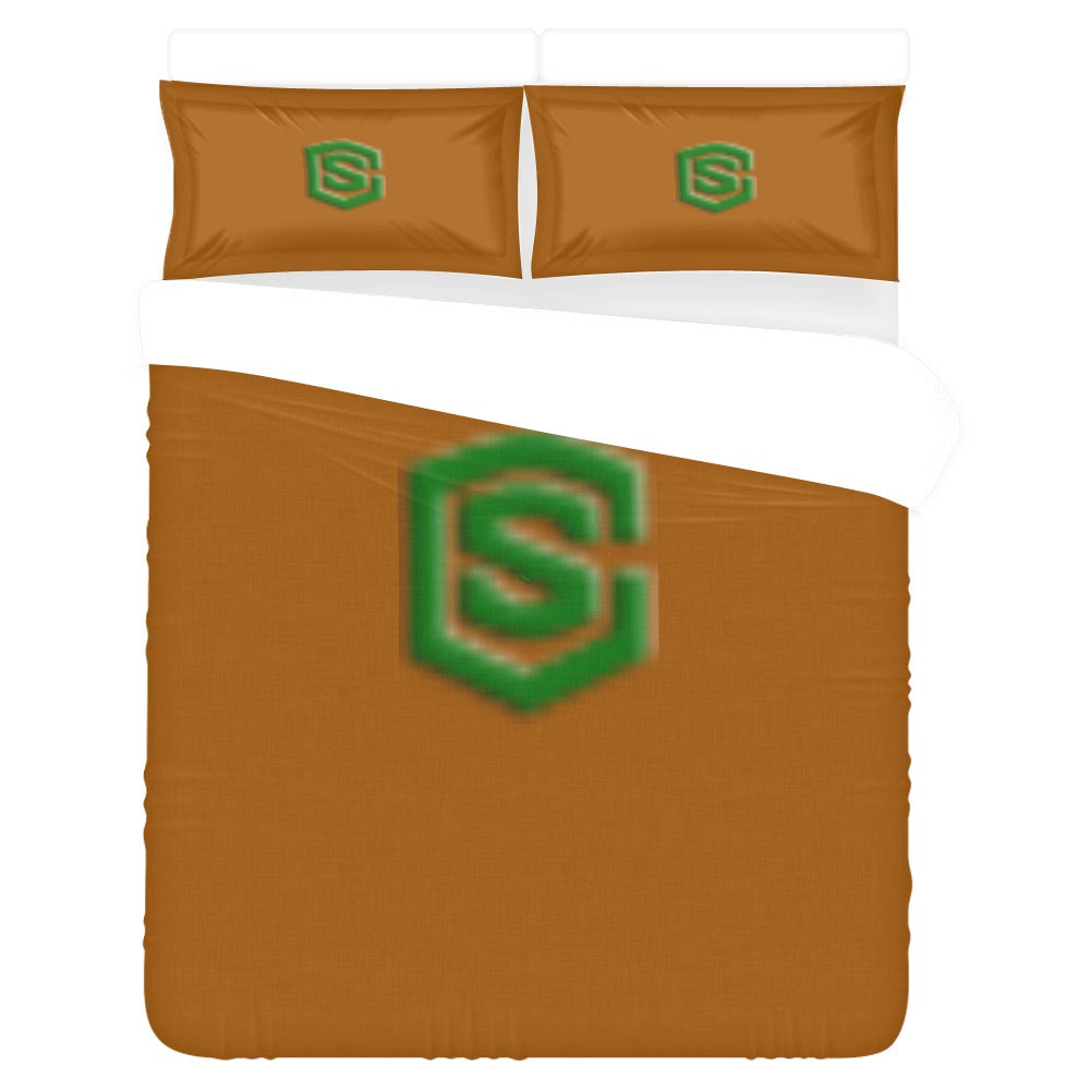 Brown 3-Piece Bedding Set (1 Duvet Cover 86"x70"; 2 Pillowcases 20"x30")(One Side) wtih Green Logo 3-Piece Bedding Set (1 Duvet Cover 86"x70"; 2 Pillowcases 20"x30")(One Side)