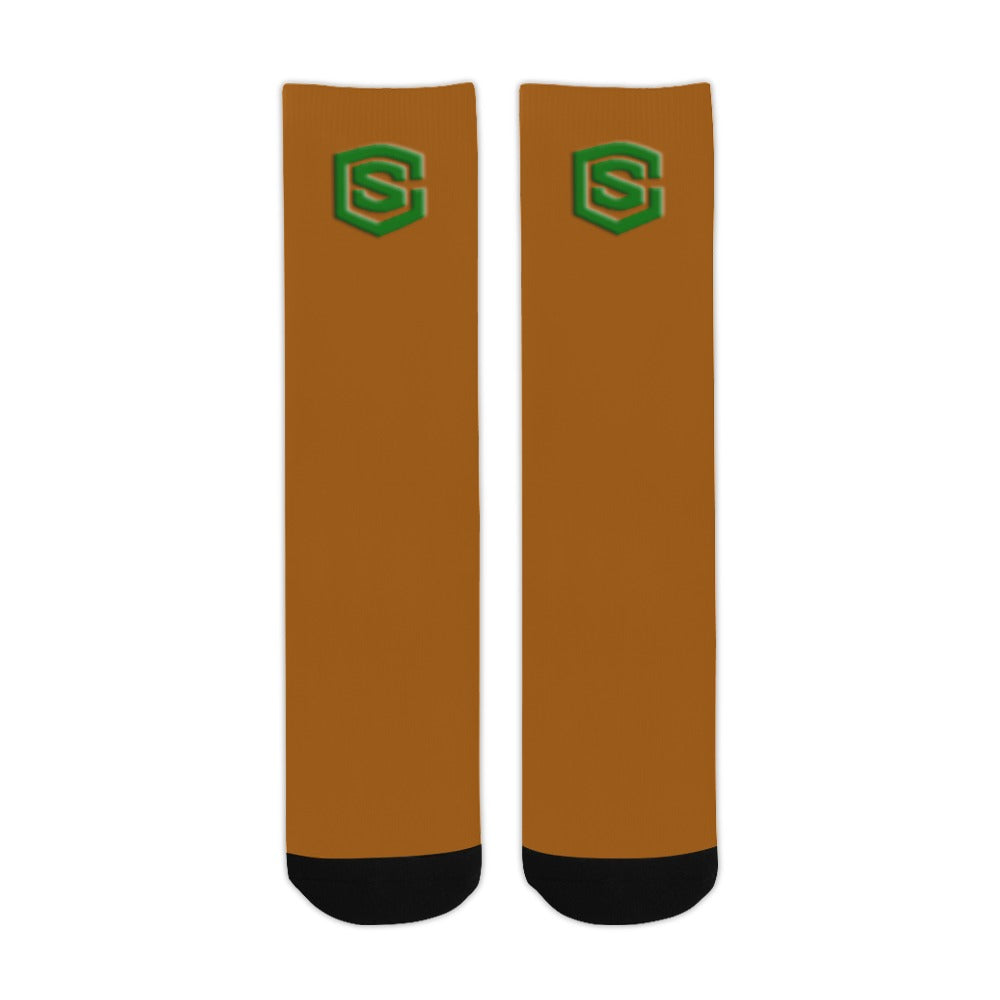 Brown Sublimated Crew Socks (Made In USA) with Green Logo Sublimated Crew Socks (Made In USA)