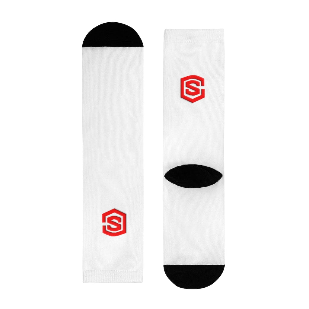 White Sublimation Crew Socks (EU) Red Logo