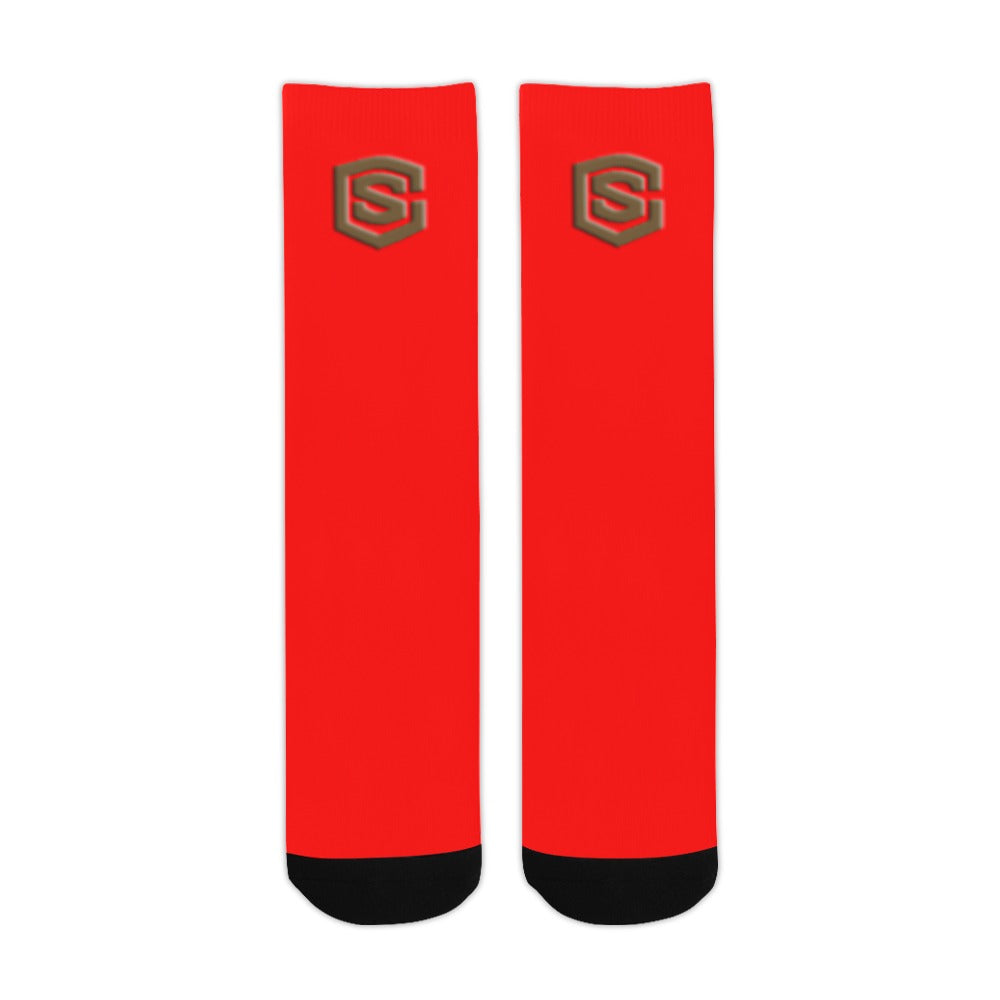 Red Sublimated Crew Socks (Made In USA) with Brown Logo Sublimated Crew Socks (Made In USA)