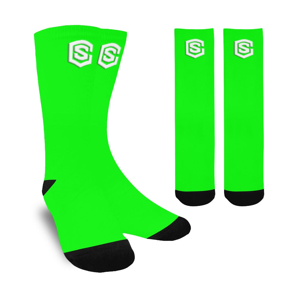 Green Sublimated Crew Socks (Made In USA) with White Logo Sublimated Crew Socks (Made In USA)