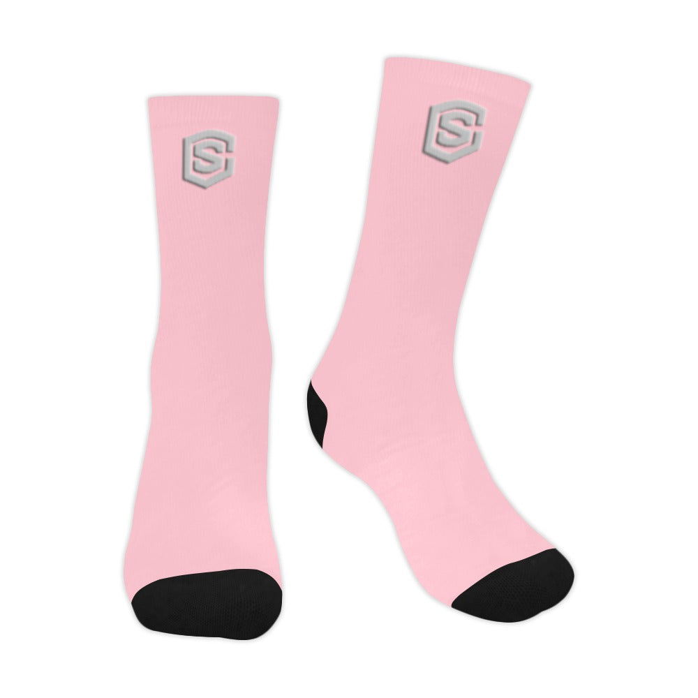 Pink Sublimated Crew Socks (Made In USA) with Silver Logo Sublimated Crew Socks (Made In USA)