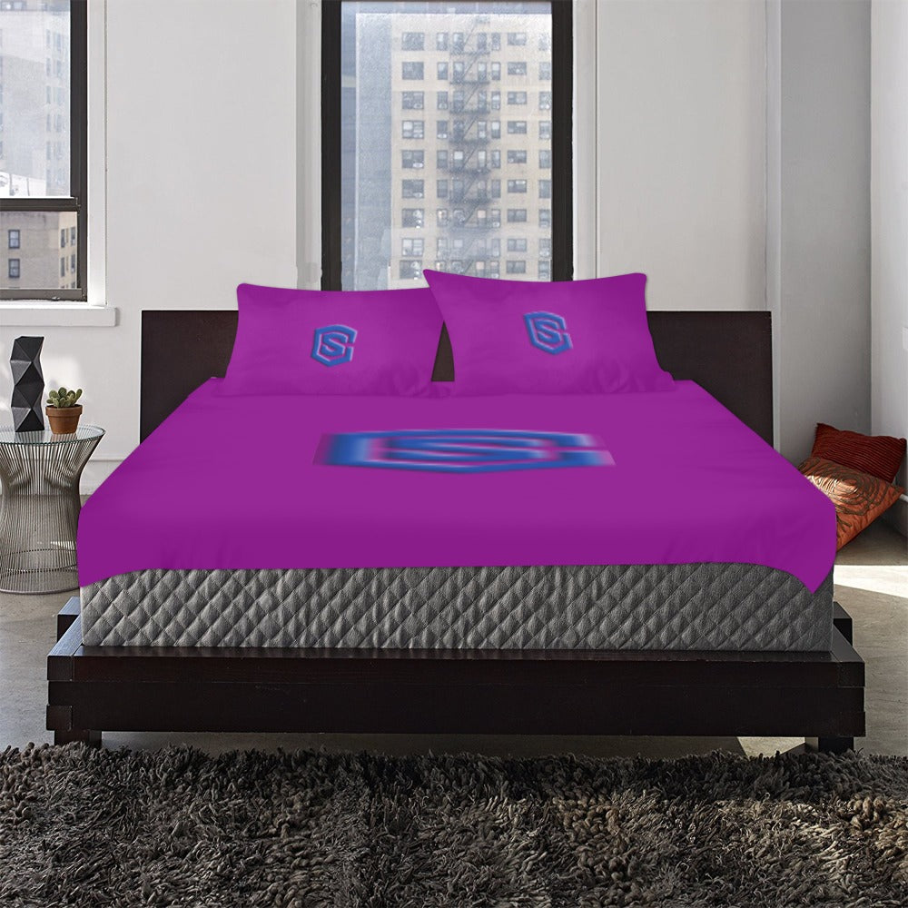 Purple 3-Piece Bedding Set (1 Duvet Cover 86"x70"; 2 Pillowcases 20"x30")(One Side) wtih Blue Logo 3-Piece Bedding Set (1 Duvet Cover 86"x70"; 2 Pillowcases 20"x30")(One Side)