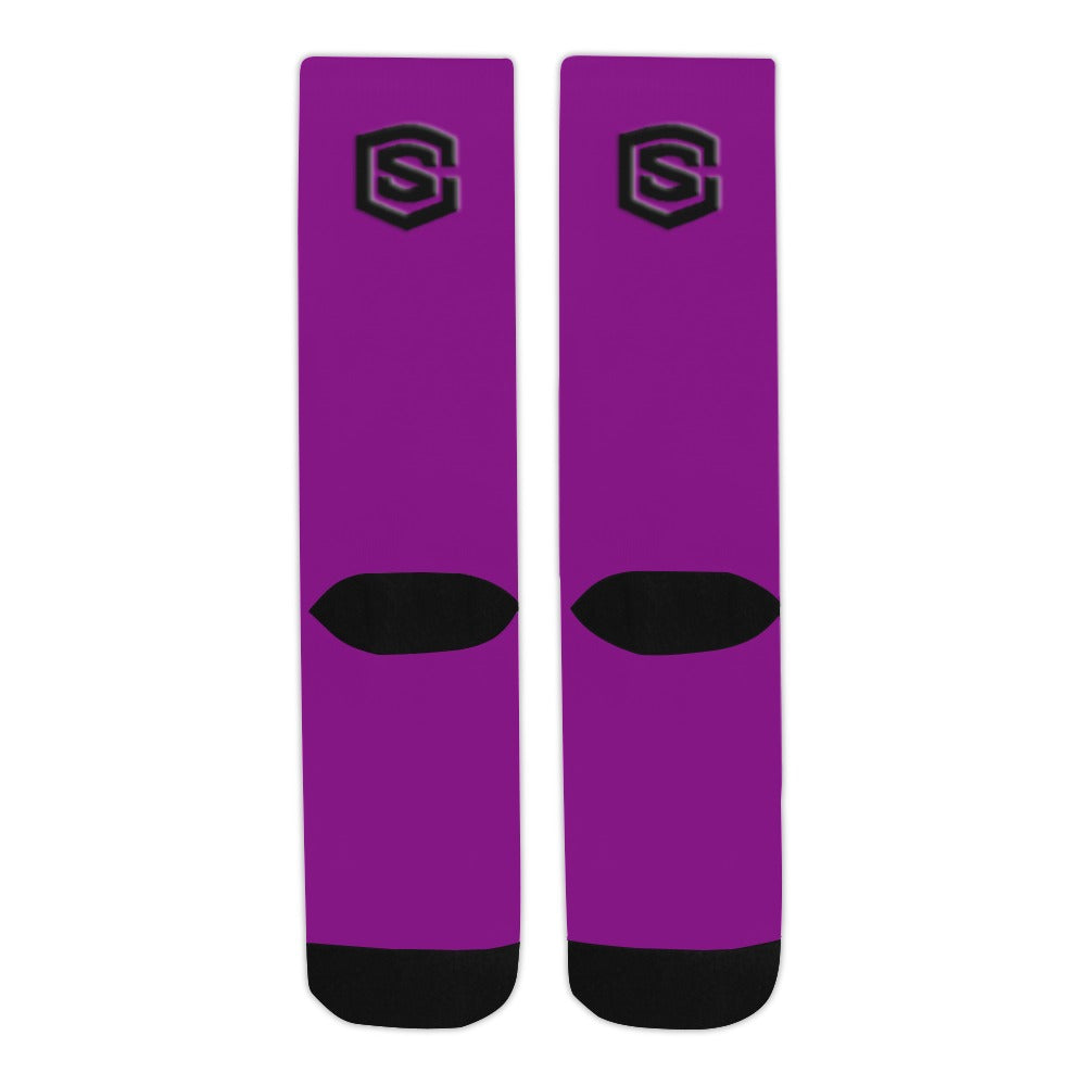 Purple Sublimated Crew Socks (Made In USA) with Black Logo Sublimated Crew Socks (Made In USA)