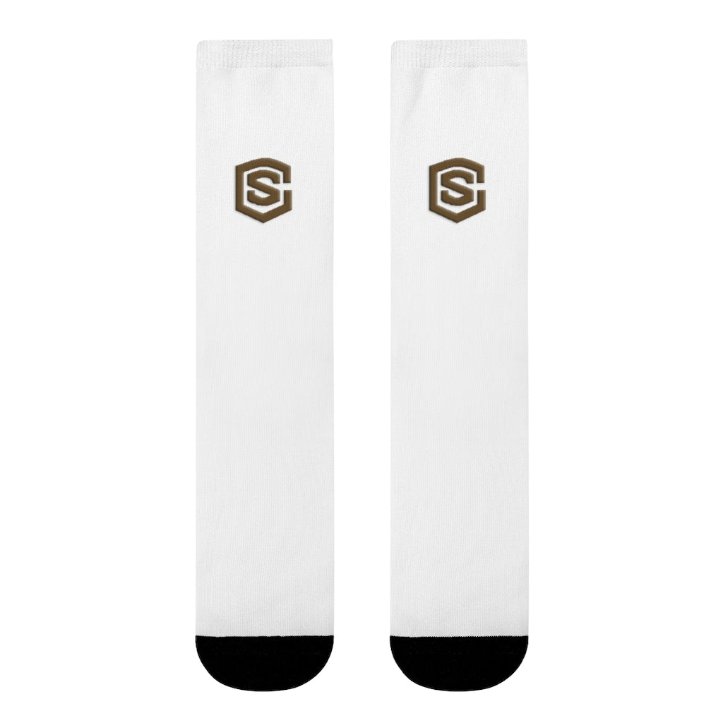 White Sublimation Crew Socks (EU) Brown Logo