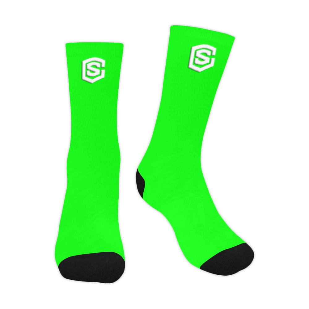 Green Sublimated Crew Socks (Made In USA) with White Logo Sublimated Crew Socks (Made In USA)