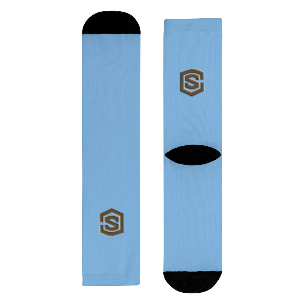 Blue Sublimation Crew Socks (EU) Brown Logo