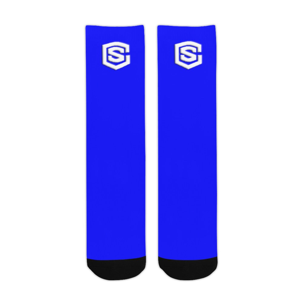 Blue Sublimated Crew Socks (Made In USA) with White Logo Sublimated Crew Socks (Made In USA)
