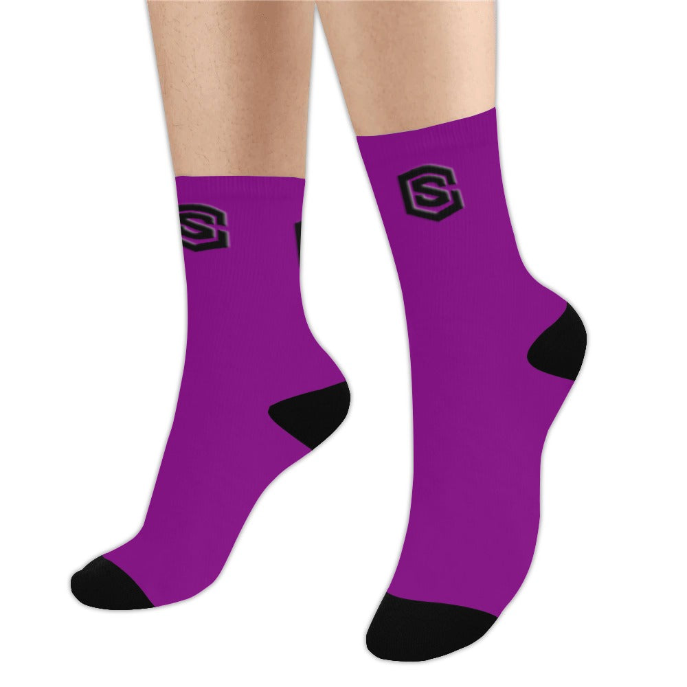 Purple Sublimated Crew Socks (Made In USA) with Black Logo Sublimated Crew Socks (Made In USA)