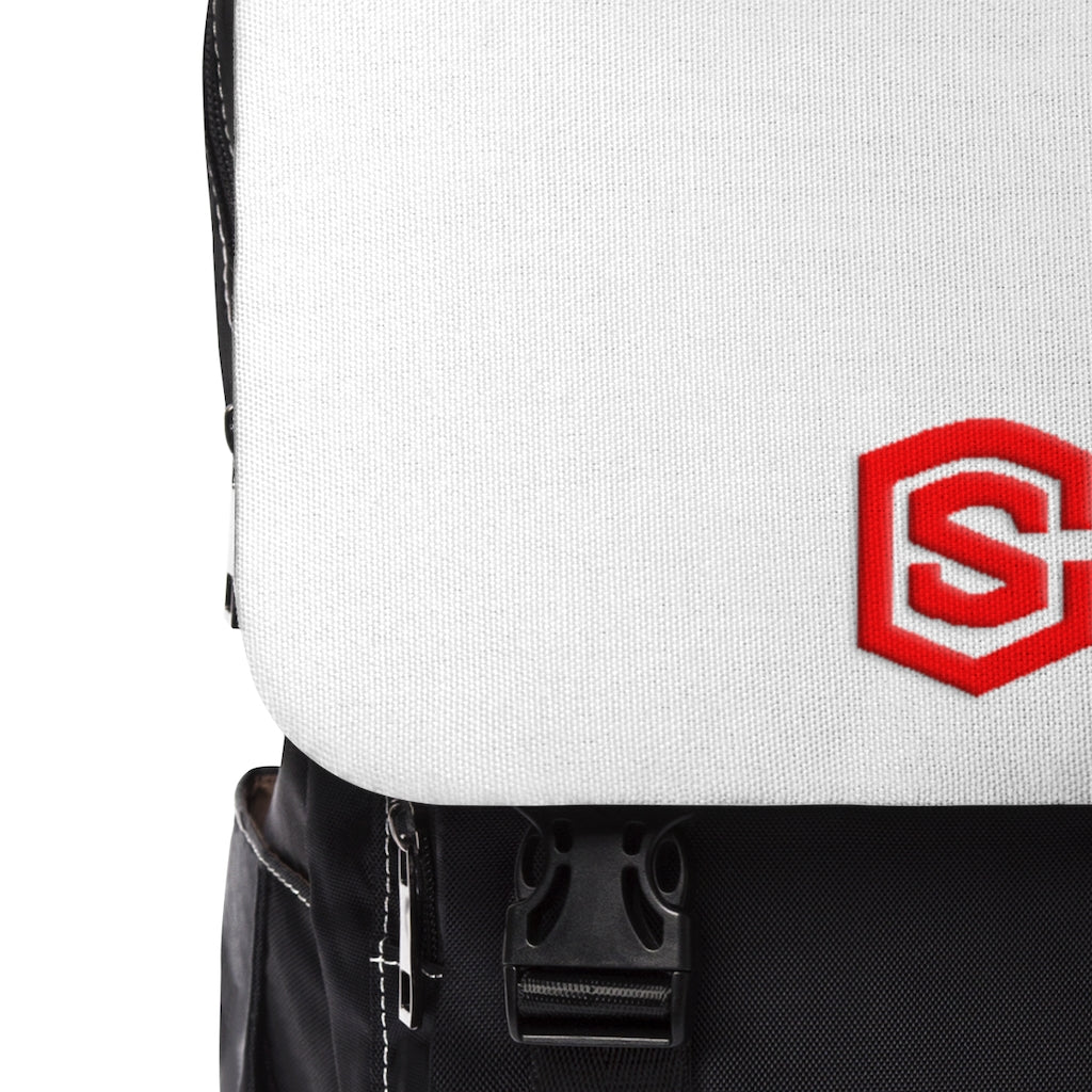 White Unisex Casual Shoulder Backpack Red logo