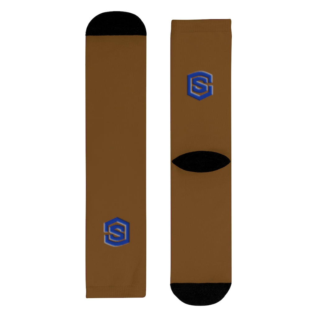 brown Sublimation Crew Socks (EU) Blue Logo