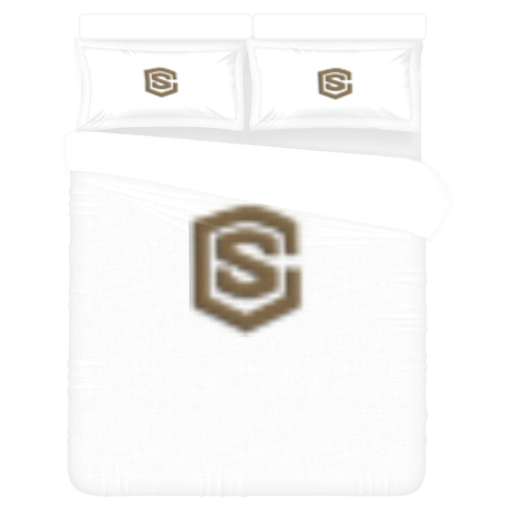 White 3-Piece Bedding Set (1 Duvet Cover 86"x70"; 2 Pillowcases 20"x30")(One Side) with Brown Logo 3-Piece Bedding Set (1 Duvet Cover 86"x70"; 2 Pillowcases 20"x30")(One Side)