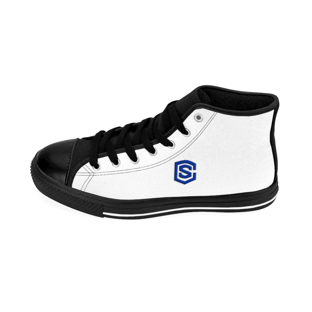 white Men's High-top Sneakers - blue logo