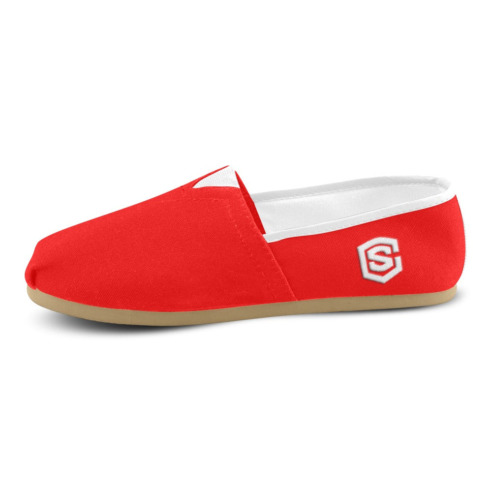 RED casual shoes for women WITH WHITE LOGO Casual Canvas Women's Shoes (Model 004) (Designs are mirrored)