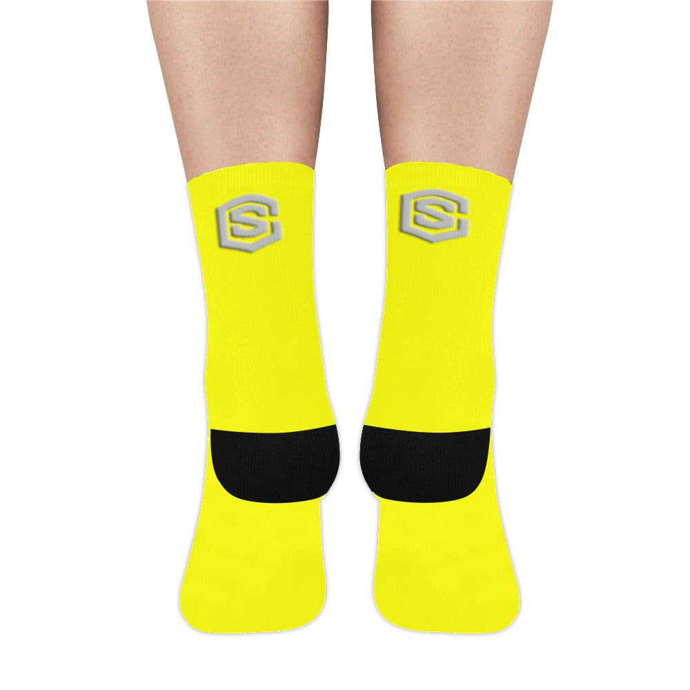 Yellow Sublimated Crew Socks (Made In USA) with Silver Logo Sublimated Crew Socks (Made In USA)