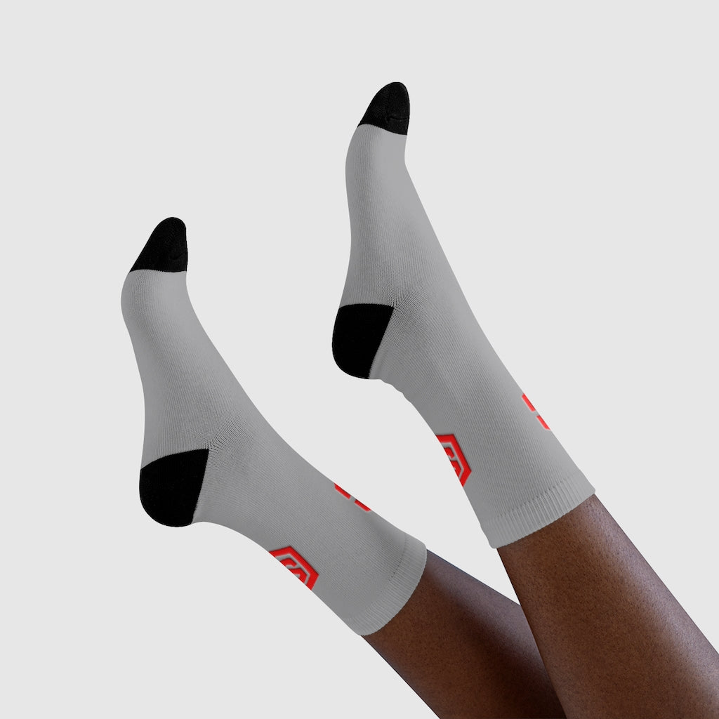 Grey Sublimation Crew Socks (EU) Red Logo