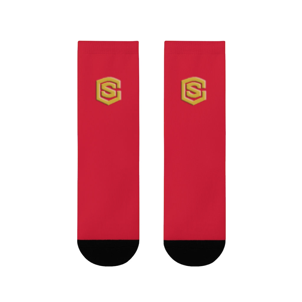 Red Sublimation Crew Socks (EU) Gold Logo