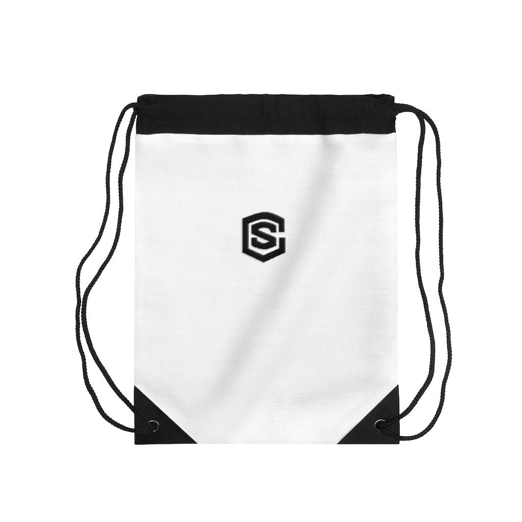 White Drawstring Bag Black logo