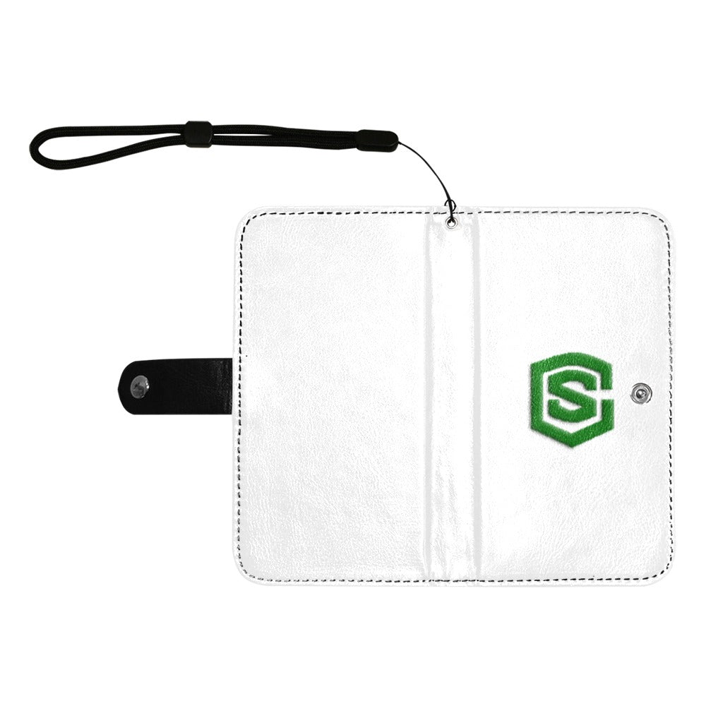 White Flip Leather Purse for Mobile Phone(Model1703)(Large) with Green Logo Flip Leather Purse for Mobile Phone(Model1703)(Large)