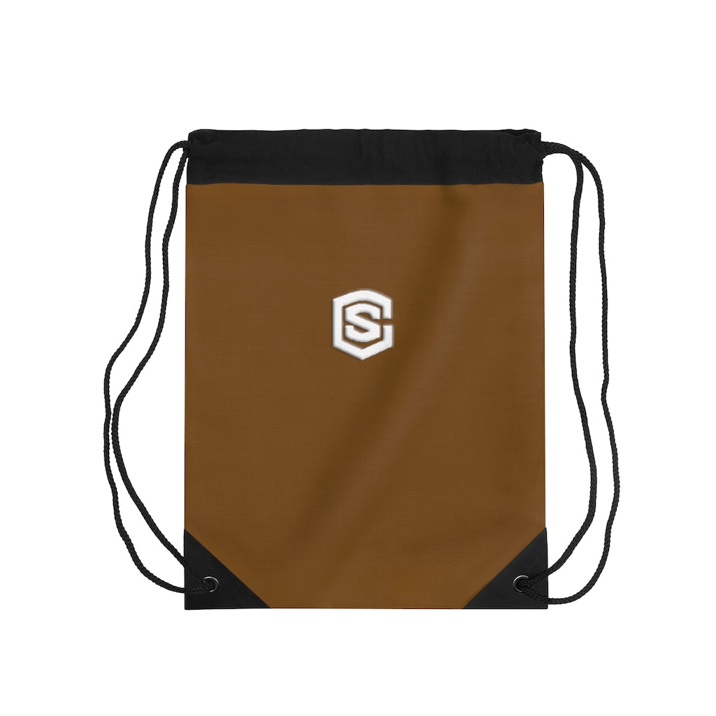 Brown Drawstring Bag White logo